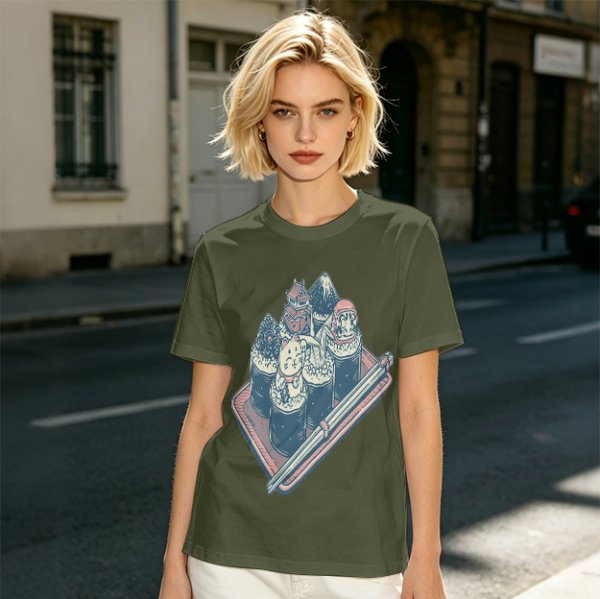 Olive T-Shirt With Sushi Themed Character Art Print