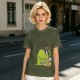 Olive Green T-Shirt With Cute Green Creature Preparing Peas Graphic