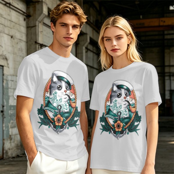 Olive T-Shirt With Sailor Cat Tattooed Pipe Design