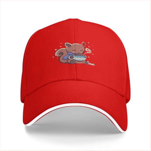 Black baseball cap with cute squirrel holding a steaming tea cup