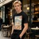 Olive t-shirt with ukiyo-e style ramen cat and Mount Fuji print