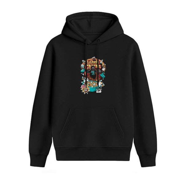 Black hoodie with pirate cereal themed graphic print