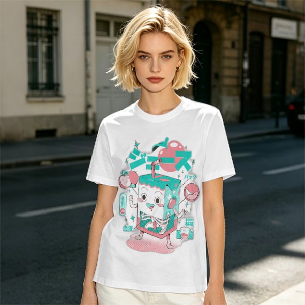 Olive t-shirt with a cartoon apple juice box skeleton graphic