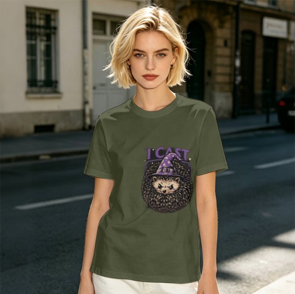 Olive green t-shirt with a hedgehog wizard graphic and 'I CAST' text