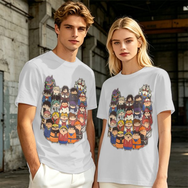 Olive T-shirt with cute chibi anime character group print