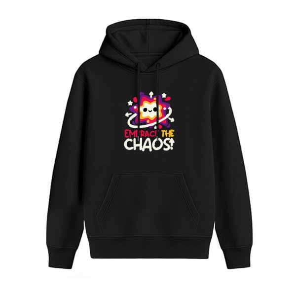 Black hoodie with 'Embrace the Chaos' and cute star graphic