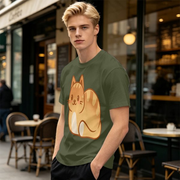 Olive Green T-Shirt With Cute Orange Tabby Cat Graphic