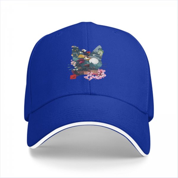 Black Baseball Cap With Cat Silhouette Cherry Blossom Landscape Art