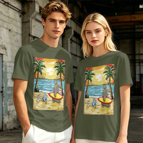 Olive T-Shirt with Beach Scene Print Featuring Totoro and Friends