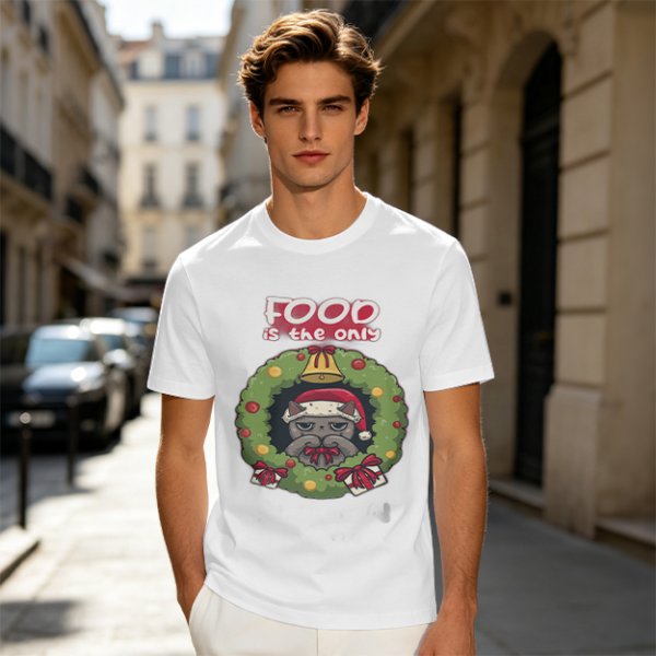 Food is the only Christmas grumpy cat wreath graphic tee