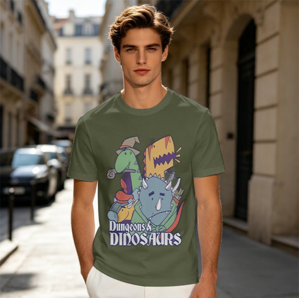 Olive Dungeons & Dinosaurs Graphic T-Shirt with Fantasy Dinosaur Art
