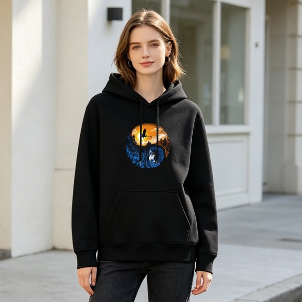 Black hoodie with yin-yang nature landscape graphic featuring bird and wave
