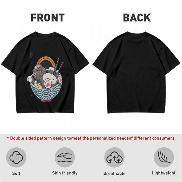 Oversized T-Shirt With Chubby Cat In Ramen Bowl Print