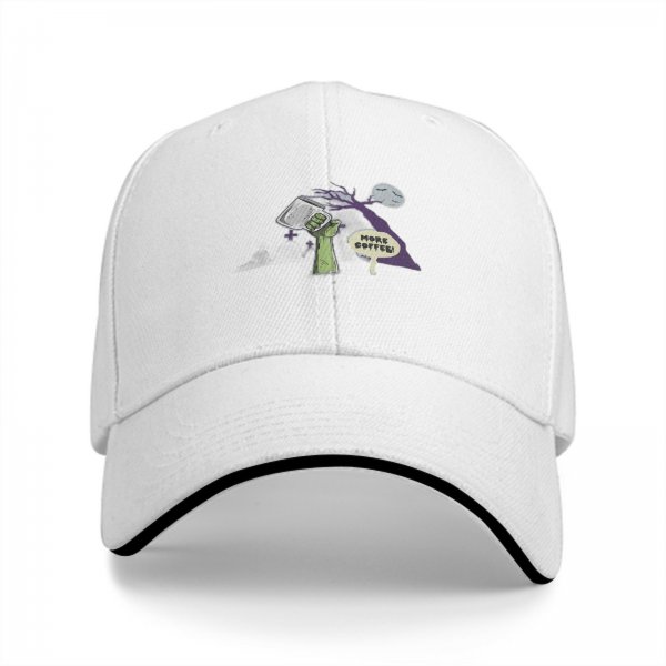 Black baseball cap with 'More Coffee!' monster graphic print