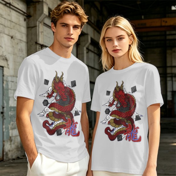 Olive T-shirt with Red Chinese Dragon and Cloud Graphic Print