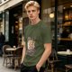 Olive T-shirt with cartoon pizza running on treadmill graphic