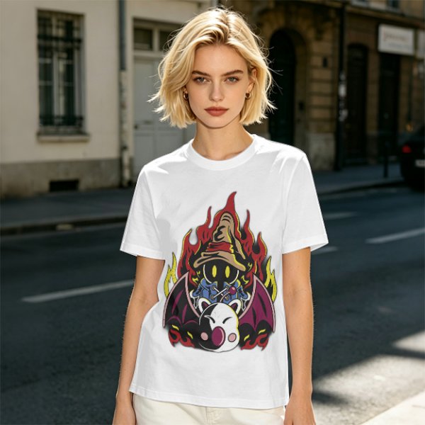 Olive T-shirt with Final Fantasy Vivi and Moogle Fire Artwork