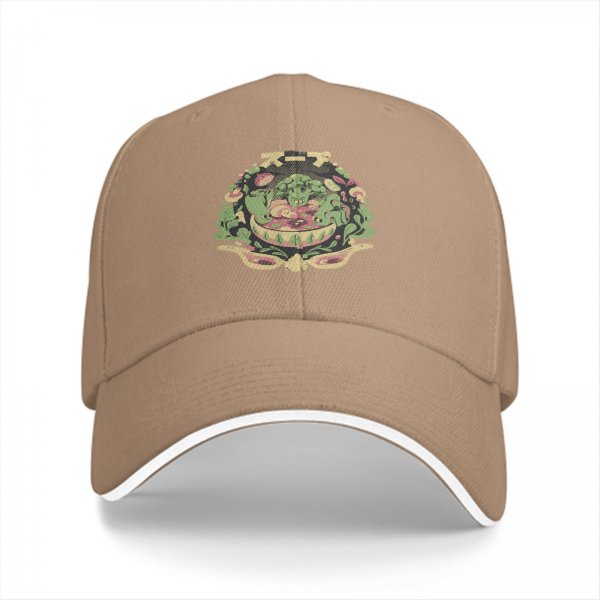 Black baseball cap with vegetable soup themed graphic print