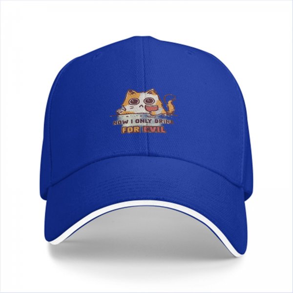 Black baseball cap with cat graphic and 'now i only drink for evil' text