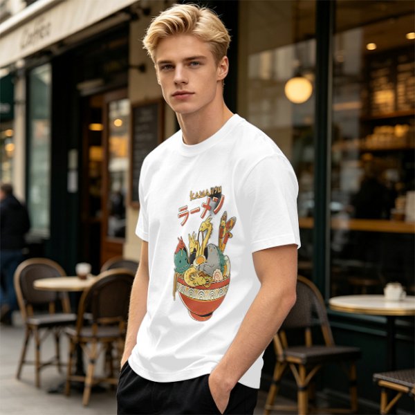 Olive T-Shirt with Kawaii Ramen Monster Bowl Graphic