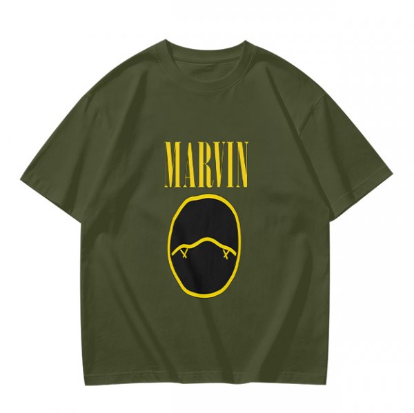 Olive T-Shirt with Marvin Text and Simple Face Graphic