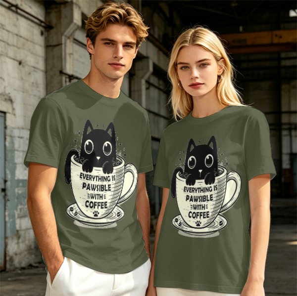 Olive T-Shirt With Black Cat In Coffee Cup 'Everything Is Pawsible With Coffee' Print
