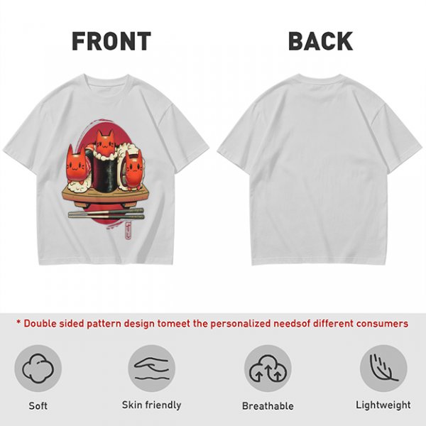 Olive t-shirt with cute cat sushi characters on a wooden platter