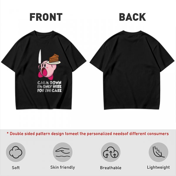 Olive t-shirt with Kirby holding knife and cake, text Calm Down I'm Only Here For The Cake