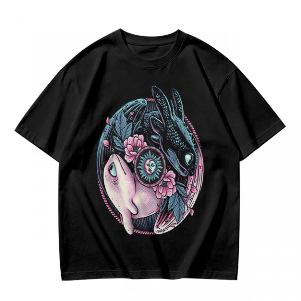 Olive T-Shirt with Yin Yang Dragon Floral Sun Moon Art