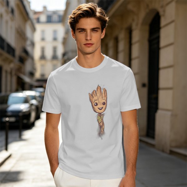 Olive Green T-Shirt with Smiling Baby Groot Graphic