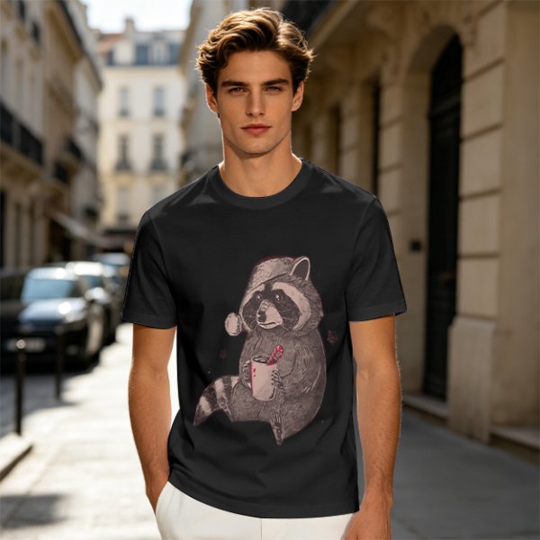 Olive T-Shirt With Raccoon In Santa Hat Holding Mug Print