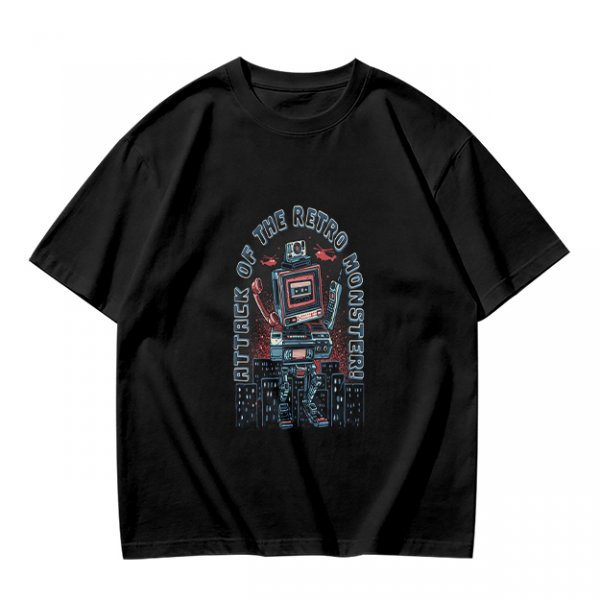 Olive green t-shirt with retro robot monster city attack graphic
