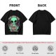 Olive green t-shirt with alien eating pizza text Just Here For The Pizza