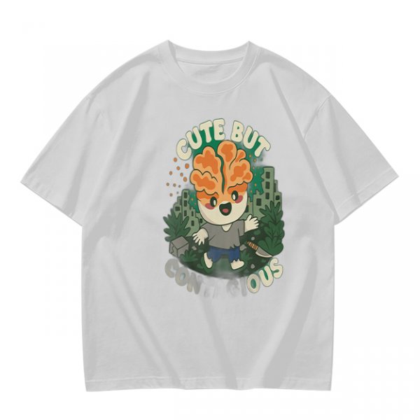 Olive t-shirt with cute brain character and 'Cute But Ous' print