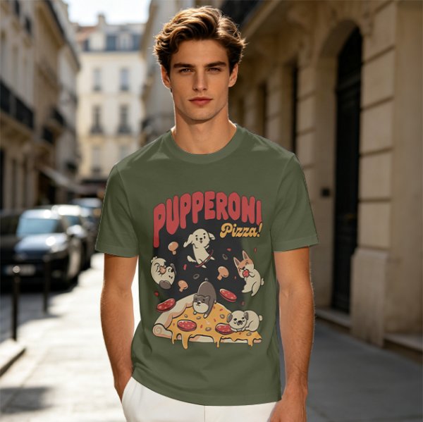 Olive green graphic t-shirt with playful pupperoni pizza dog design