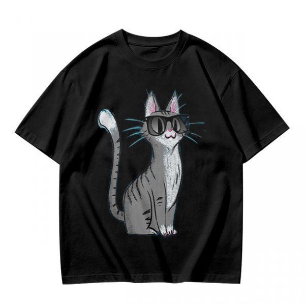 Olive T-Shirt With Cool Gray Cat Wearing Sunglasses Print