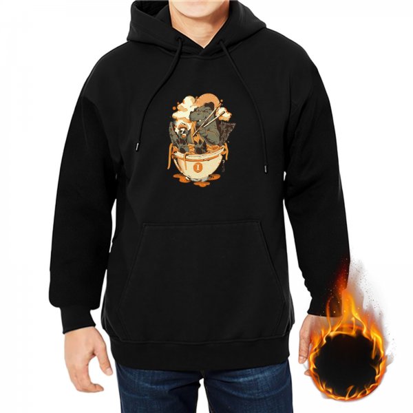 Black hoodie with a dinosaur in a ramen bowl graphic