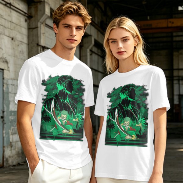 Olive Green Anime T-Shirt With Swordsman Character Artwork