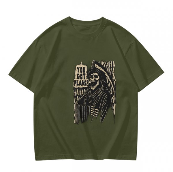 Olive graphic t-shirt with grim reaper and 'You Got Plans?' print
