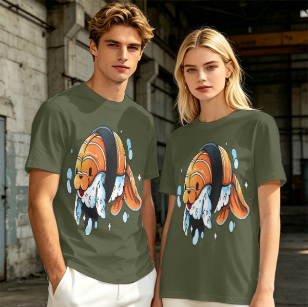 Olive T-Shirt With Cute Clownfish Sushi Graphic Print