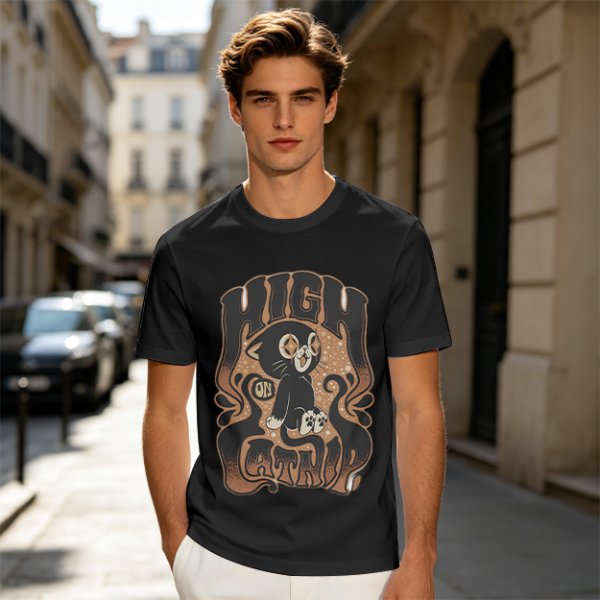 Olive green graphic t-shirt with a high on catip black cat print
