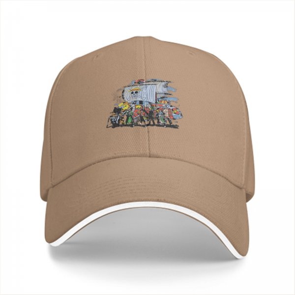 Black Baseball Cap with One Piece Straw Hat Pirates Ship Print