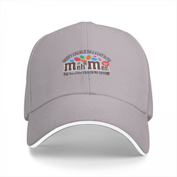 Black baseball cap with 'meh & meh' novelty candy parody design