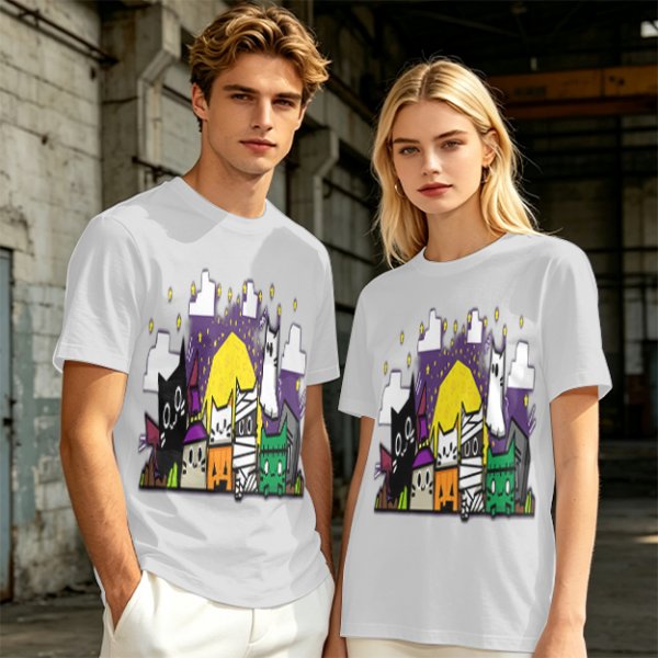 Olive T-Shirt With Halloween Themed Cute Cat Characters Print