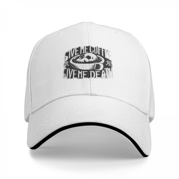 Black baseball cap with 'Give Me Coffee Or Give Me Death' skull graphic