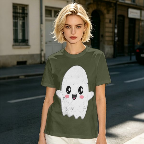 Olive T-shirt with Cute Kawaii Ghost Graphic Print