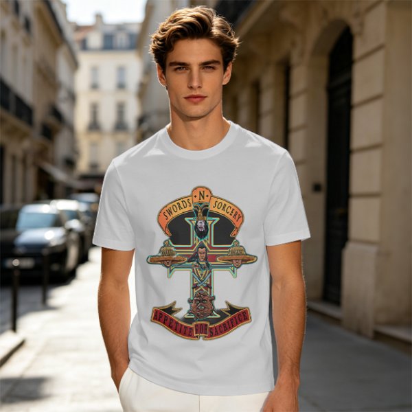 Olive graphic t-shirt with swords n sorcery appetite for sacrifice cross design