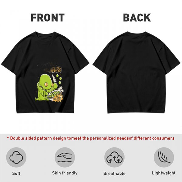 Olive Green T-Shirt With Cute Green Creature Preparing Peas Graphic