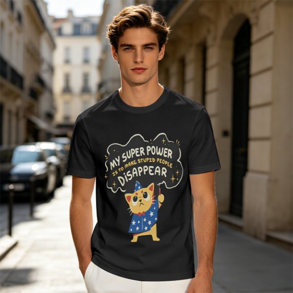 Olive T-shirt with Wizard Cat 'My Super Power Is To Make Stupid People Disappear' Print