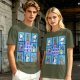 Olive green t-shirt with The Barky Bunch cartoon dog graphic